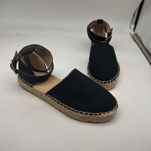 Truffle Collection Black Canvas Ankle Strap Espadrille Flat Sandals Size 7 US